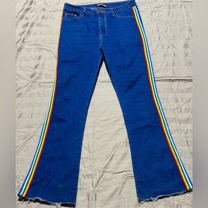 Vibrant Blue Flare Jeans with Rainbow Accents